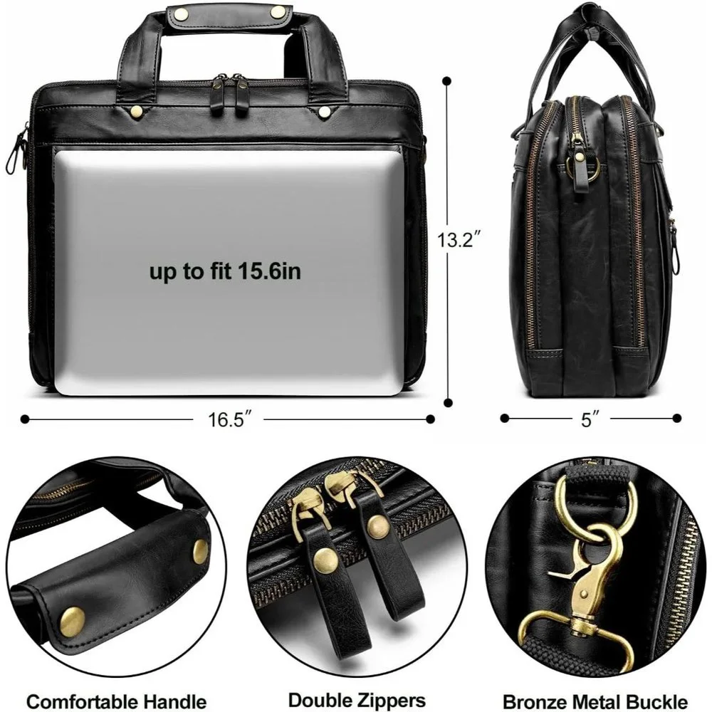 Men's Black Leather Waterproof laptop bag 15.6 Inch